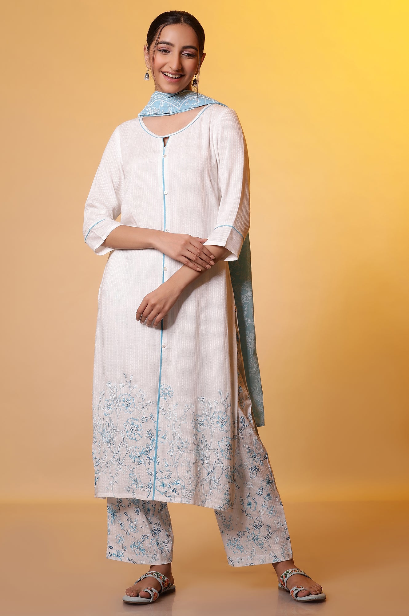 White Floral Printed Kurta, Palazzos and Dupatta Set