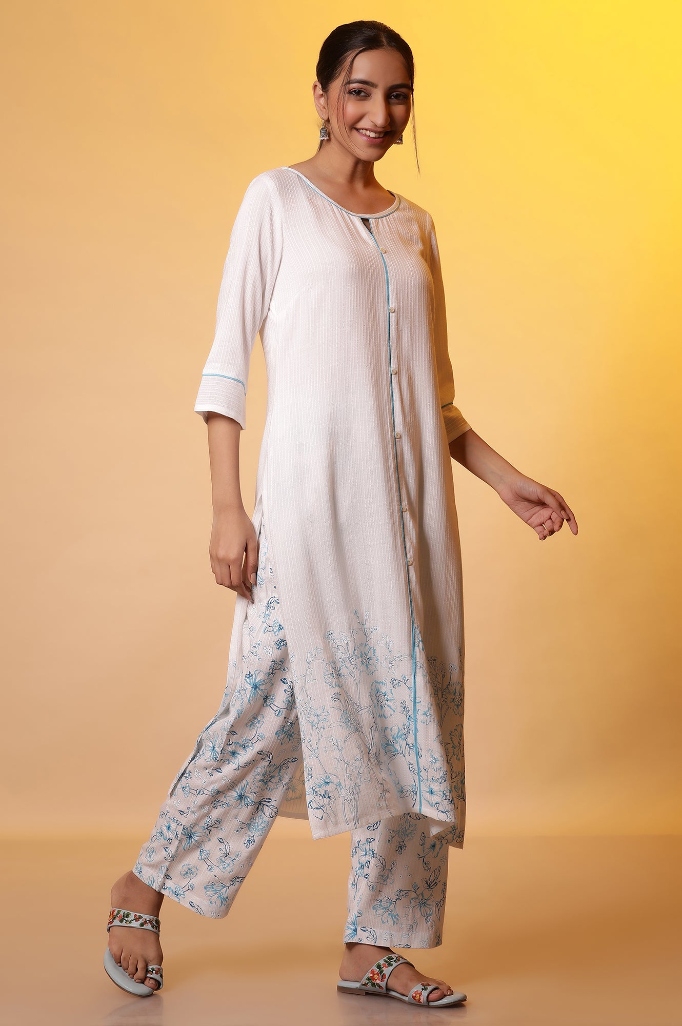 White Floral Printed Kurta, Palazzos and Dupatta Set