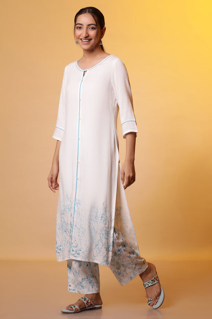 White Floral Printed Kurta, Palazzos and Dupatta Set