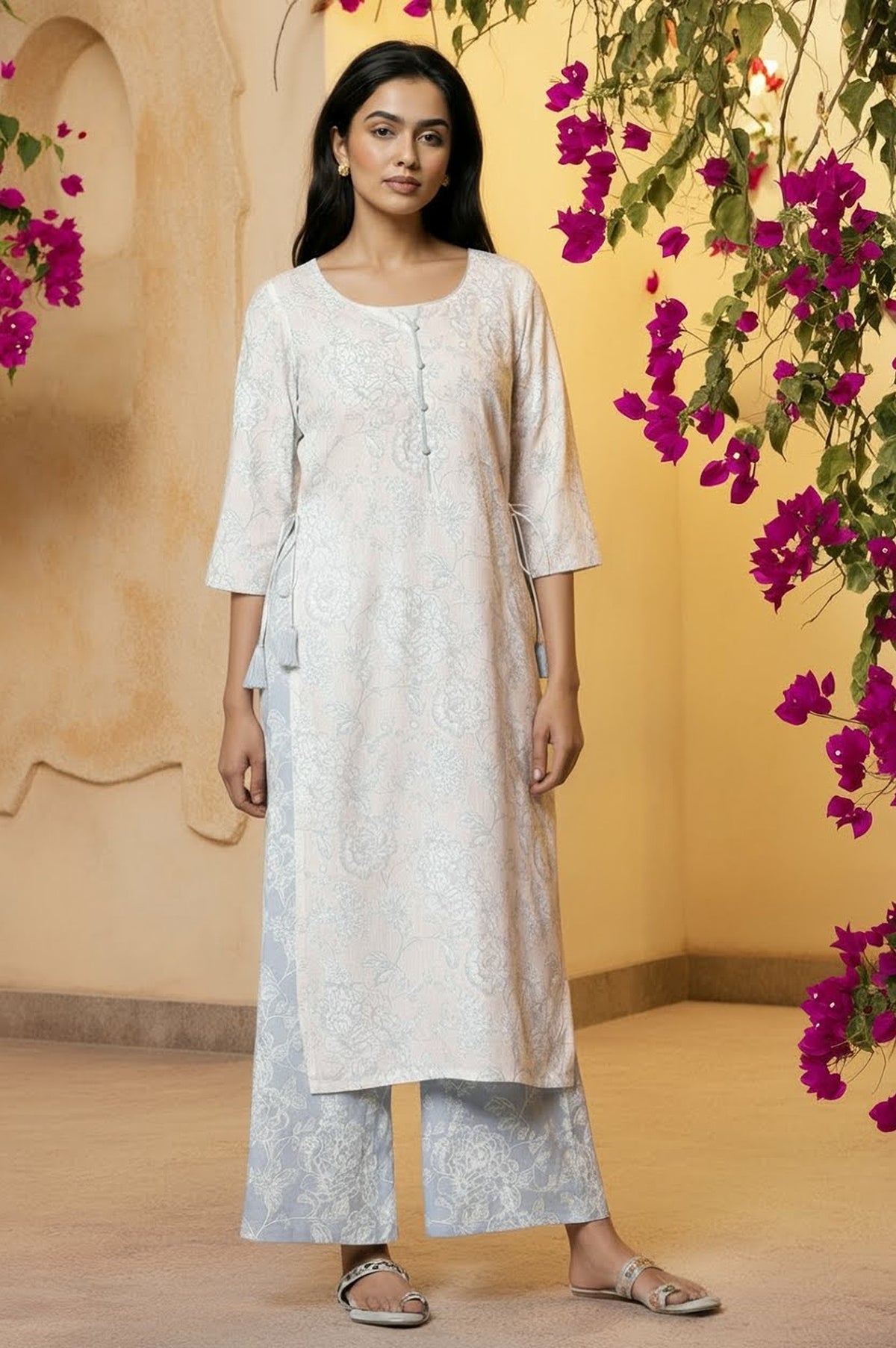 White Floral Printed Kurta and Pants Set - S