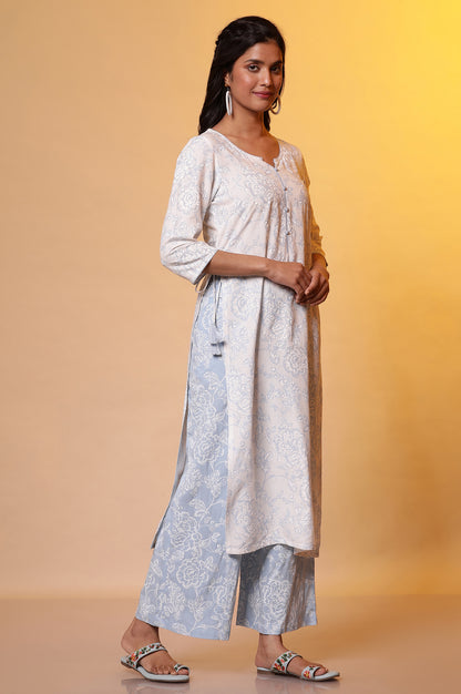 White Floral Printed Kurta and Pants Set