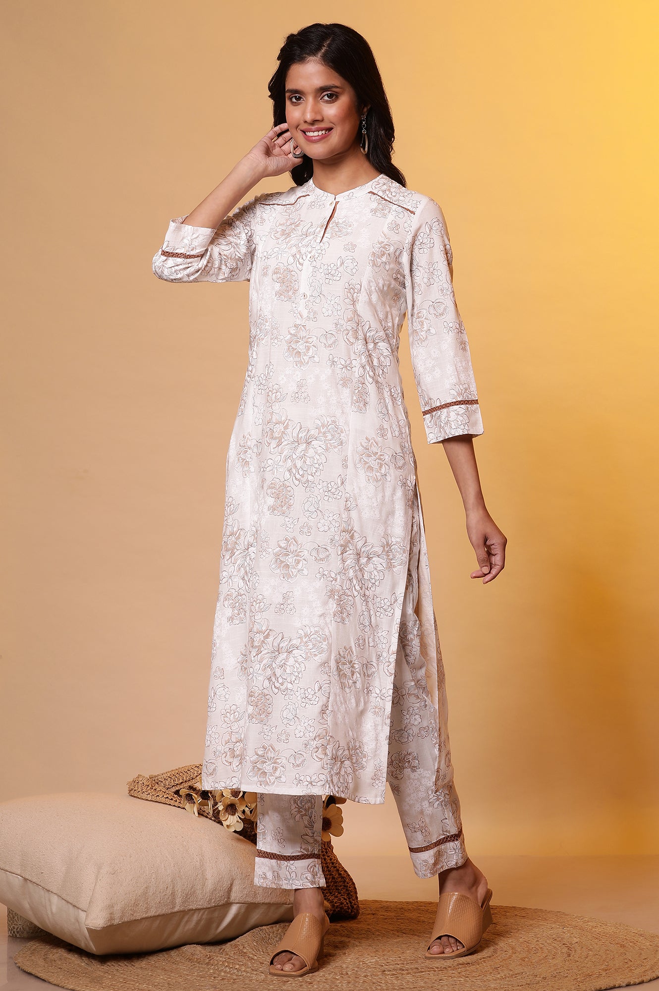 Cream Embroidered Festive Kurta, Palazzo Pants and Organza Dupatta