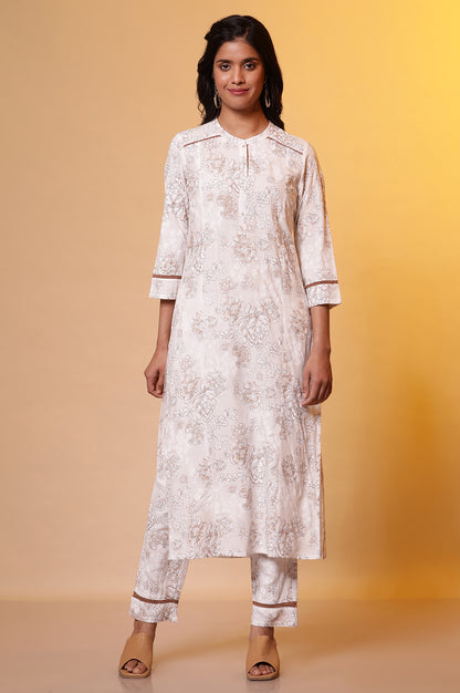 Cream Embroidered Festive Kurta, Palazzo Pants and Organza Dupatta