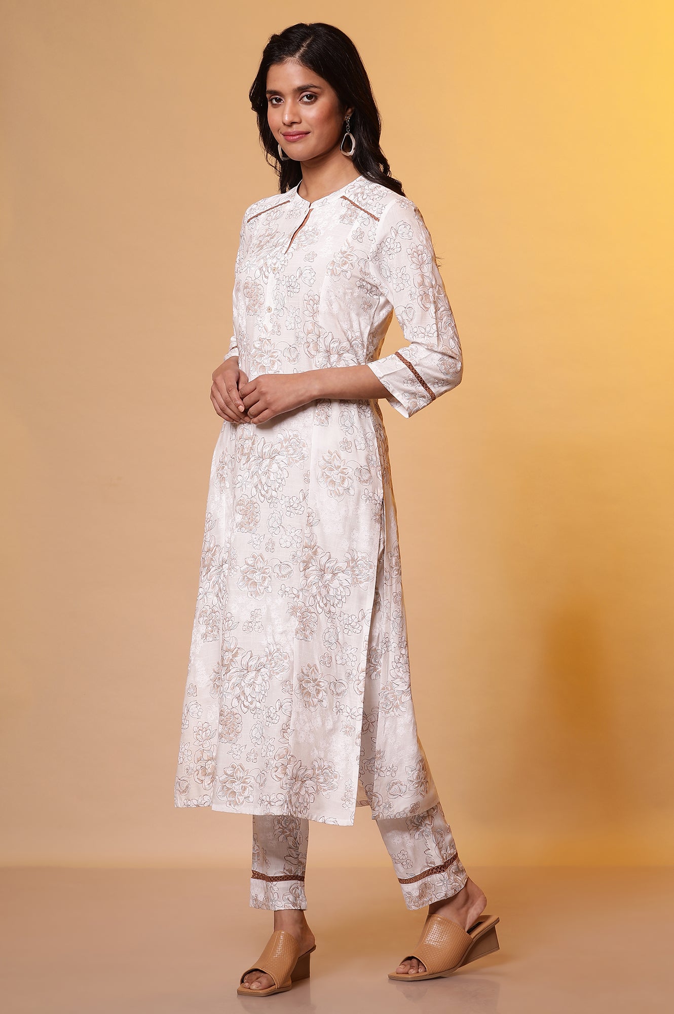 Cream Embroidered Festive Kurta, Palazzo Pants and Organza Dupatta