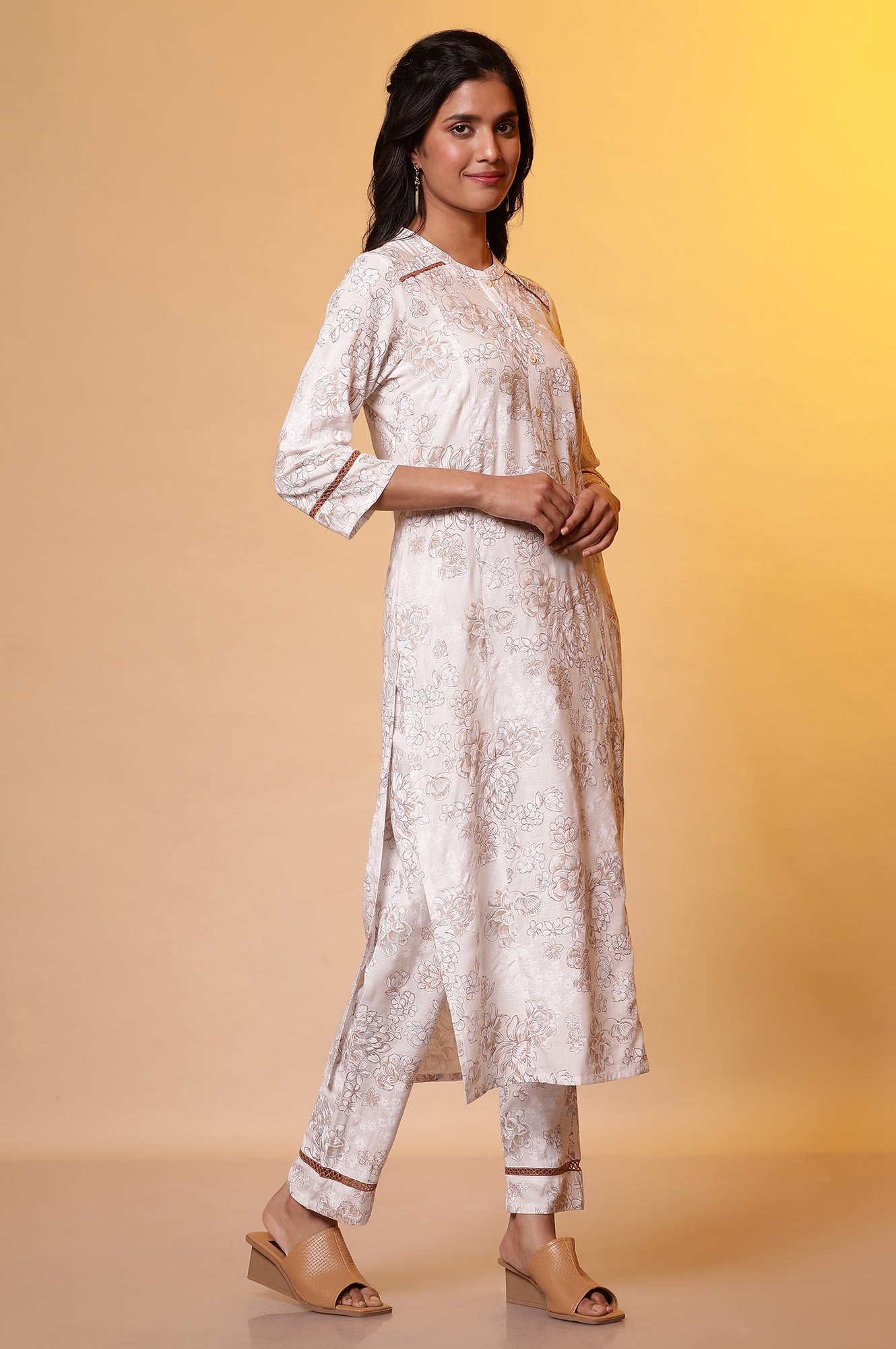 Cream Embroidered Festive Kurta, Palazzo Pants and Organza Dupatta