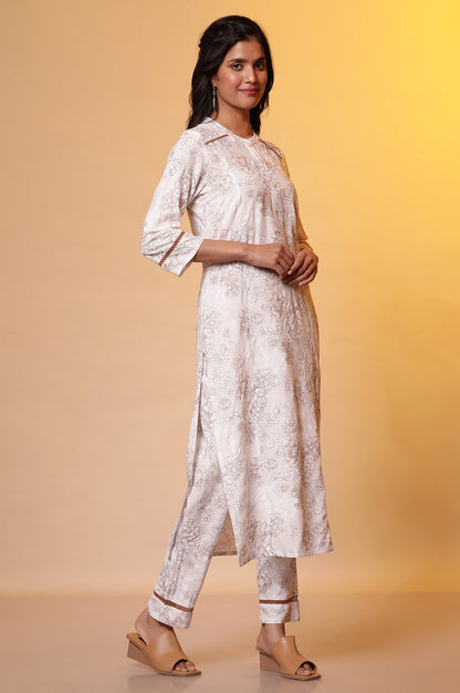 Cream Embroidered Festive Kurta, Palazzo Pants and Organza Dupatta