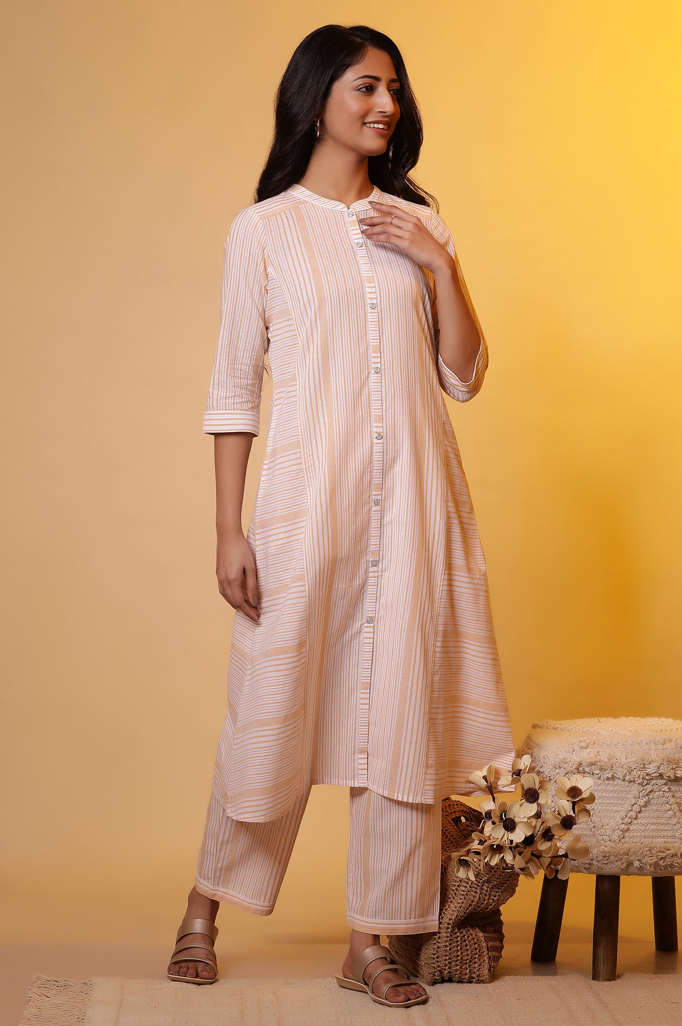 Off-White and Yellow Striped Cotton Kurta and Palazzos Set