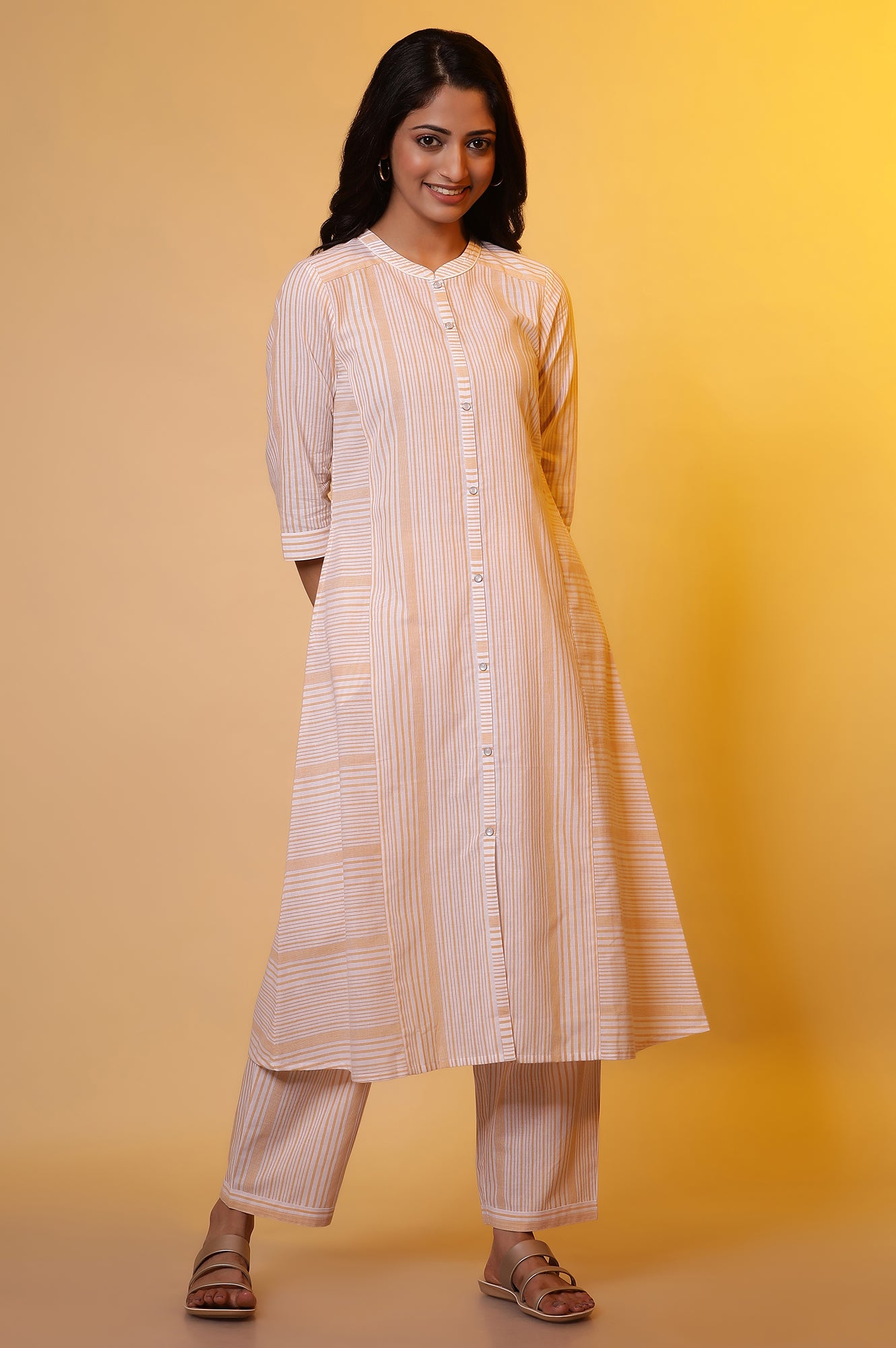 Off-White and Yellow Striped Cotton Kurta and Palazzos Set