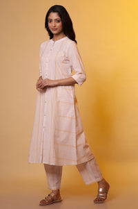 Off-White and Yellow Striped Cotton Kurta and Palazzos Set