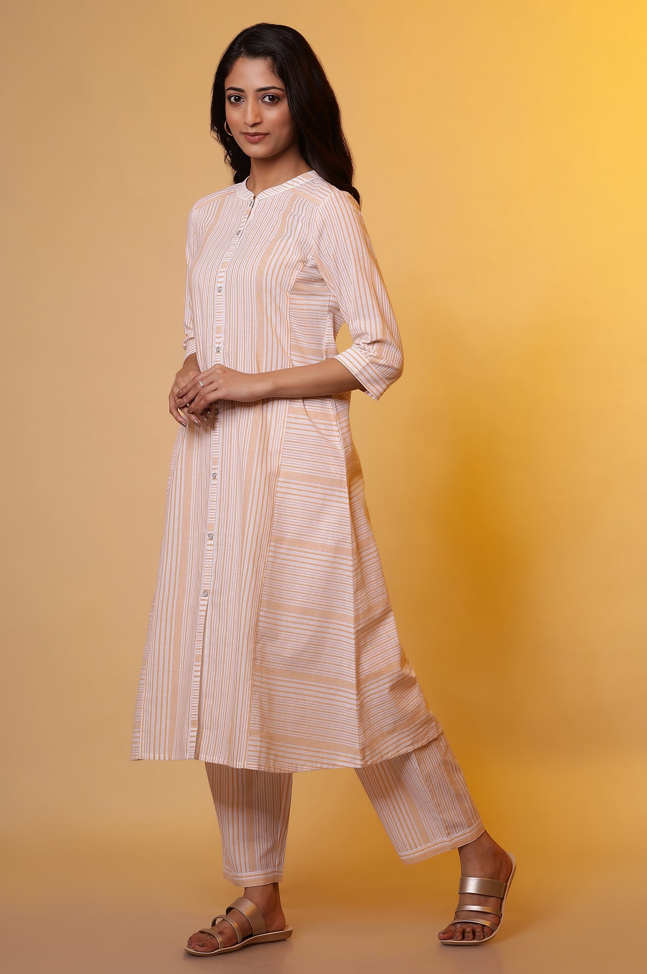 Off-White and Yellow Striped Cotton Kurta and Palazzos Set