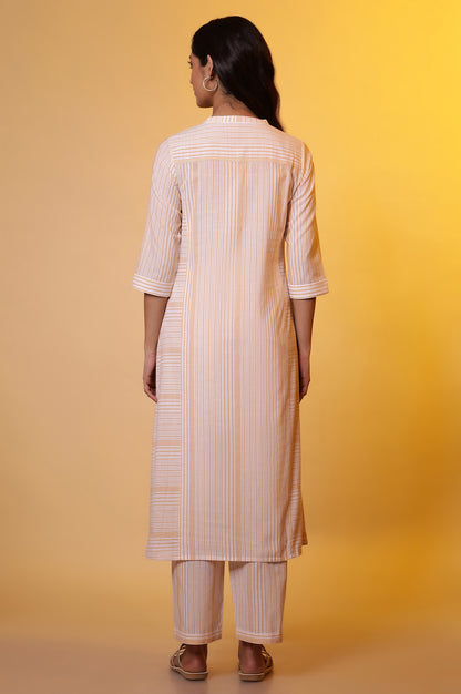 Off-White and Yellow Striped Cotton Kurta and Palazzos Set