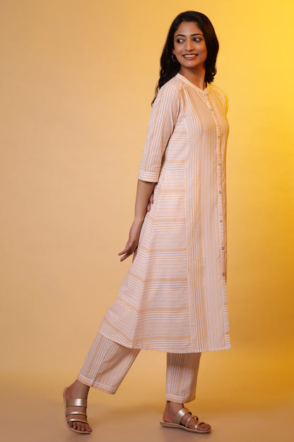 Off-White and Yellow Striped Cotton Kurta and Palazzos Set