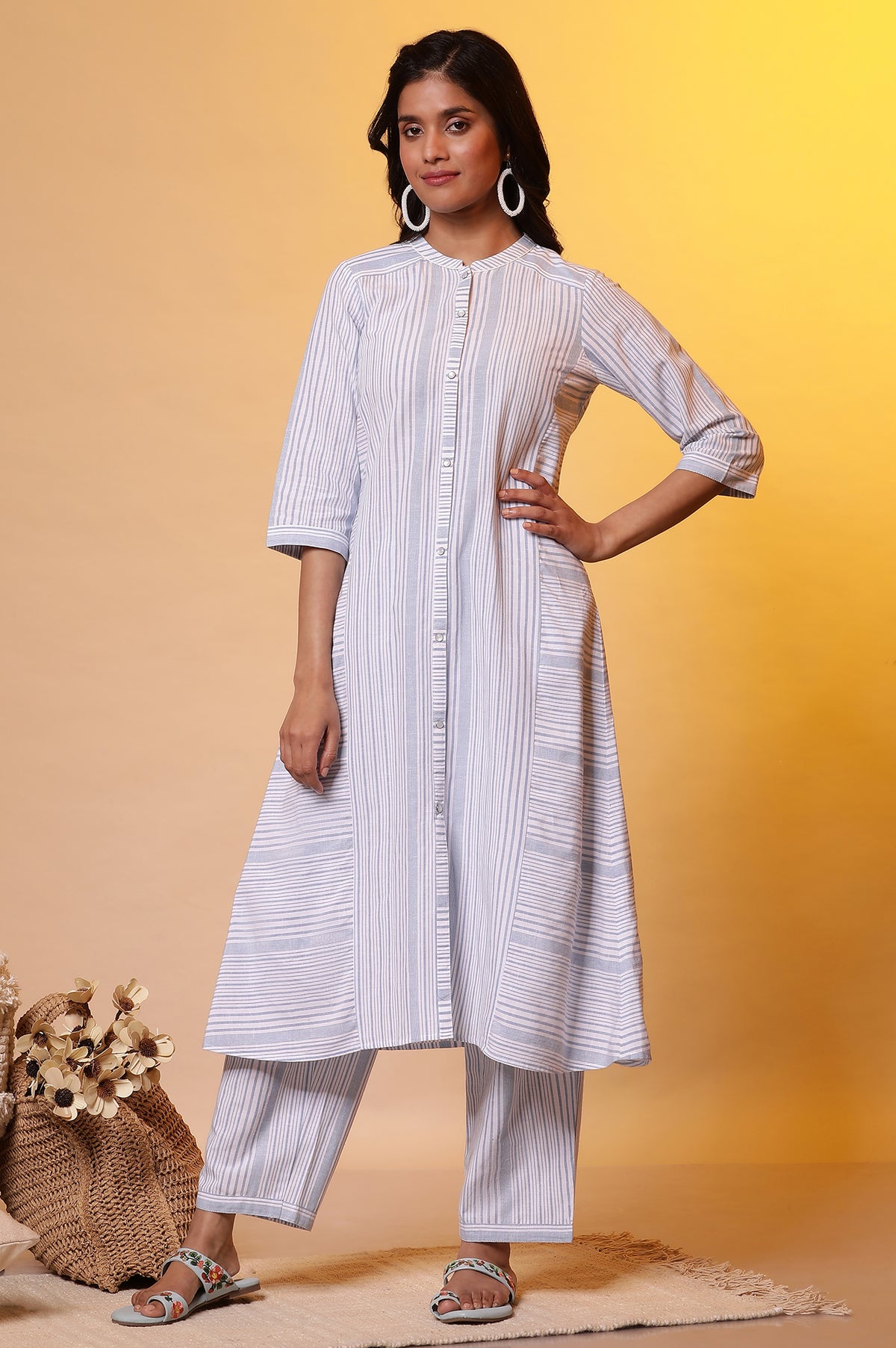 White and Blue Stripe Work Wear Kurta and Palazzo Co-ord Set - XS