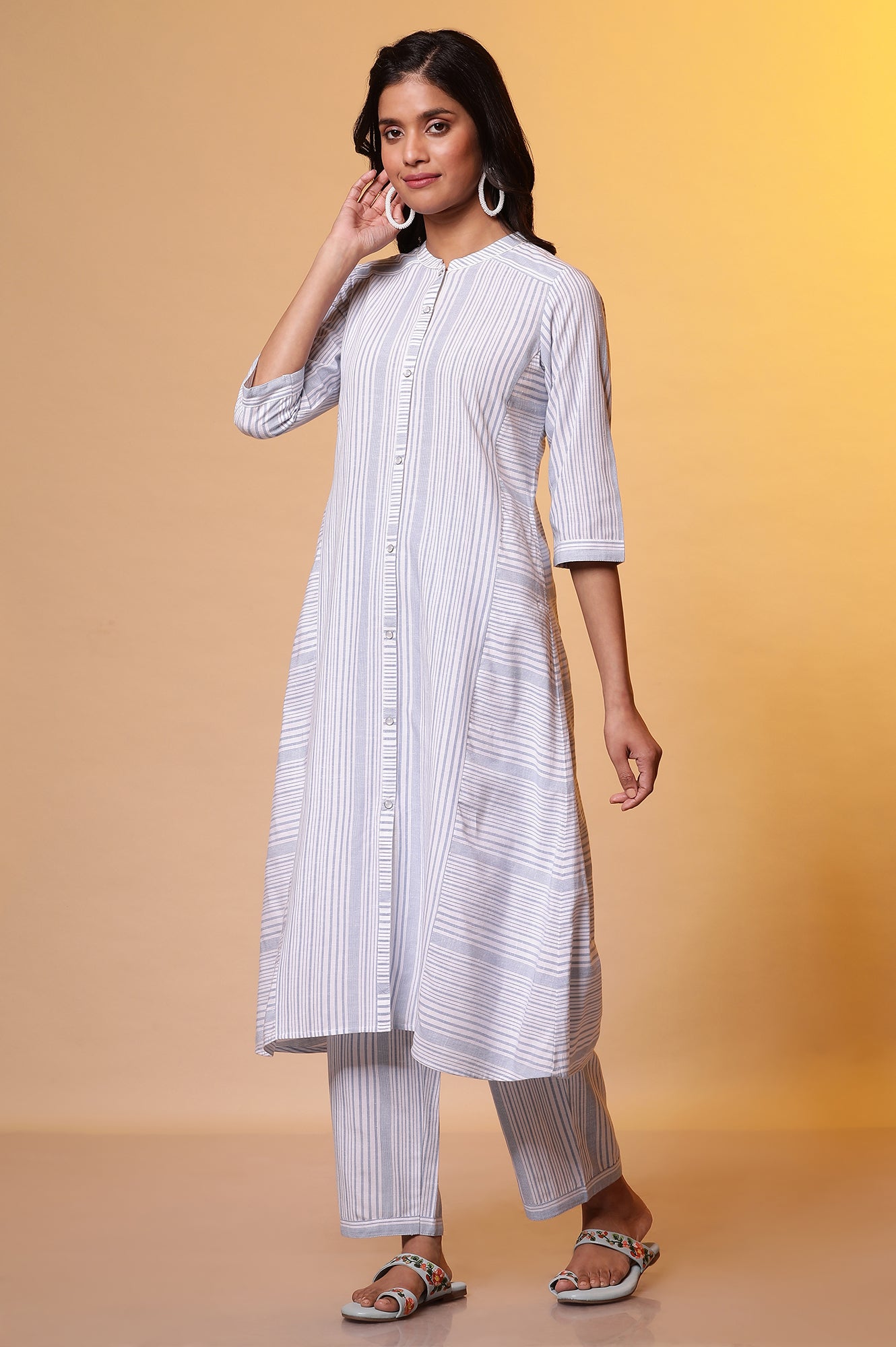 White and Blue Stripe Work Wear Kurta and Palazzo Co-ord Set