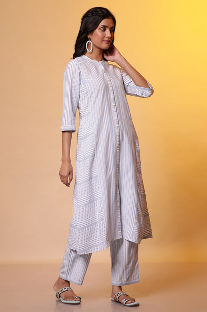 White and Blue Stripe Work Wear Kurta and Palazzo Co-ord Set