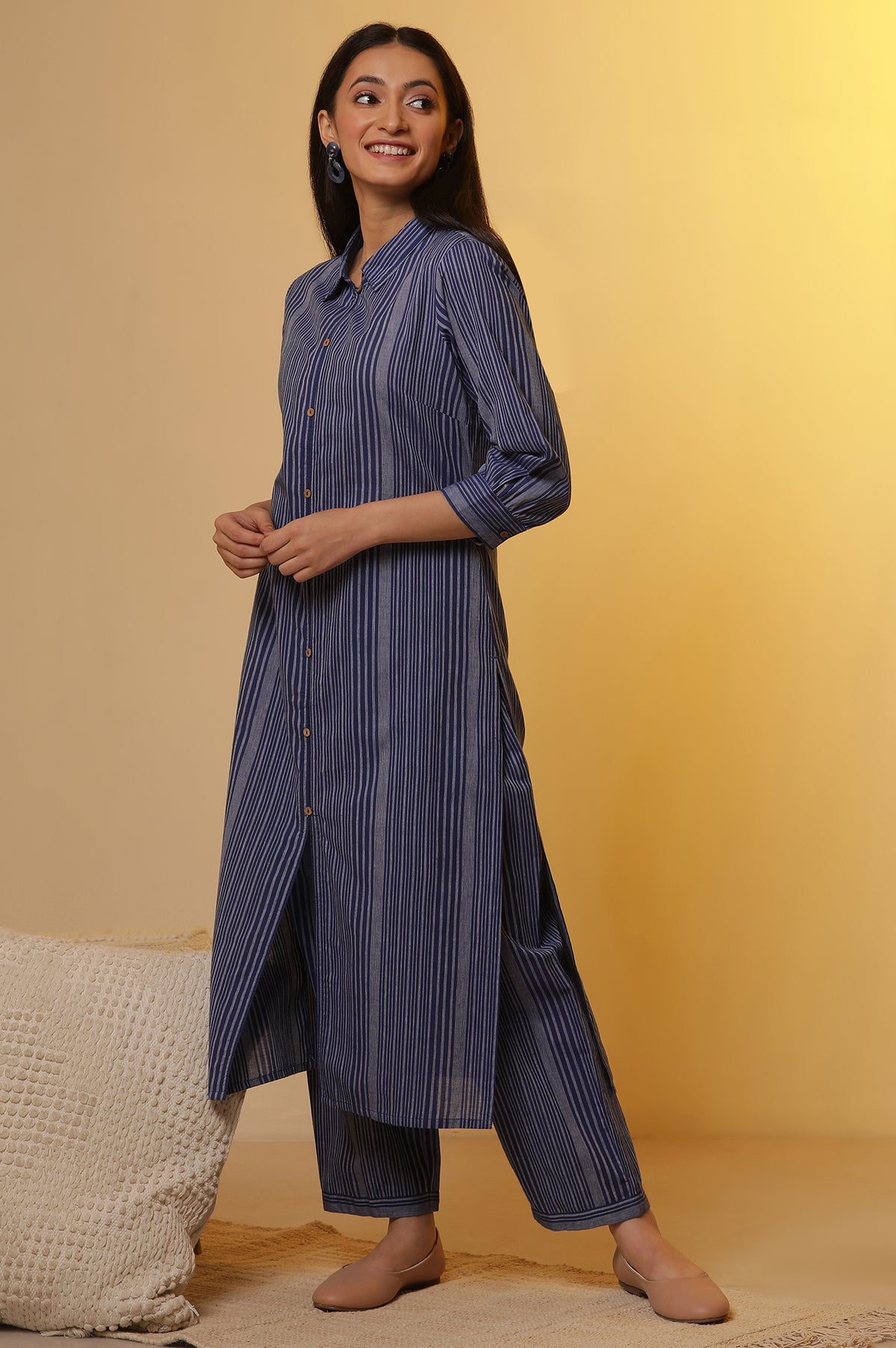 Blue Striped Cotton Shirt Collar Kurta and Palazzo Co-ord Set - XS