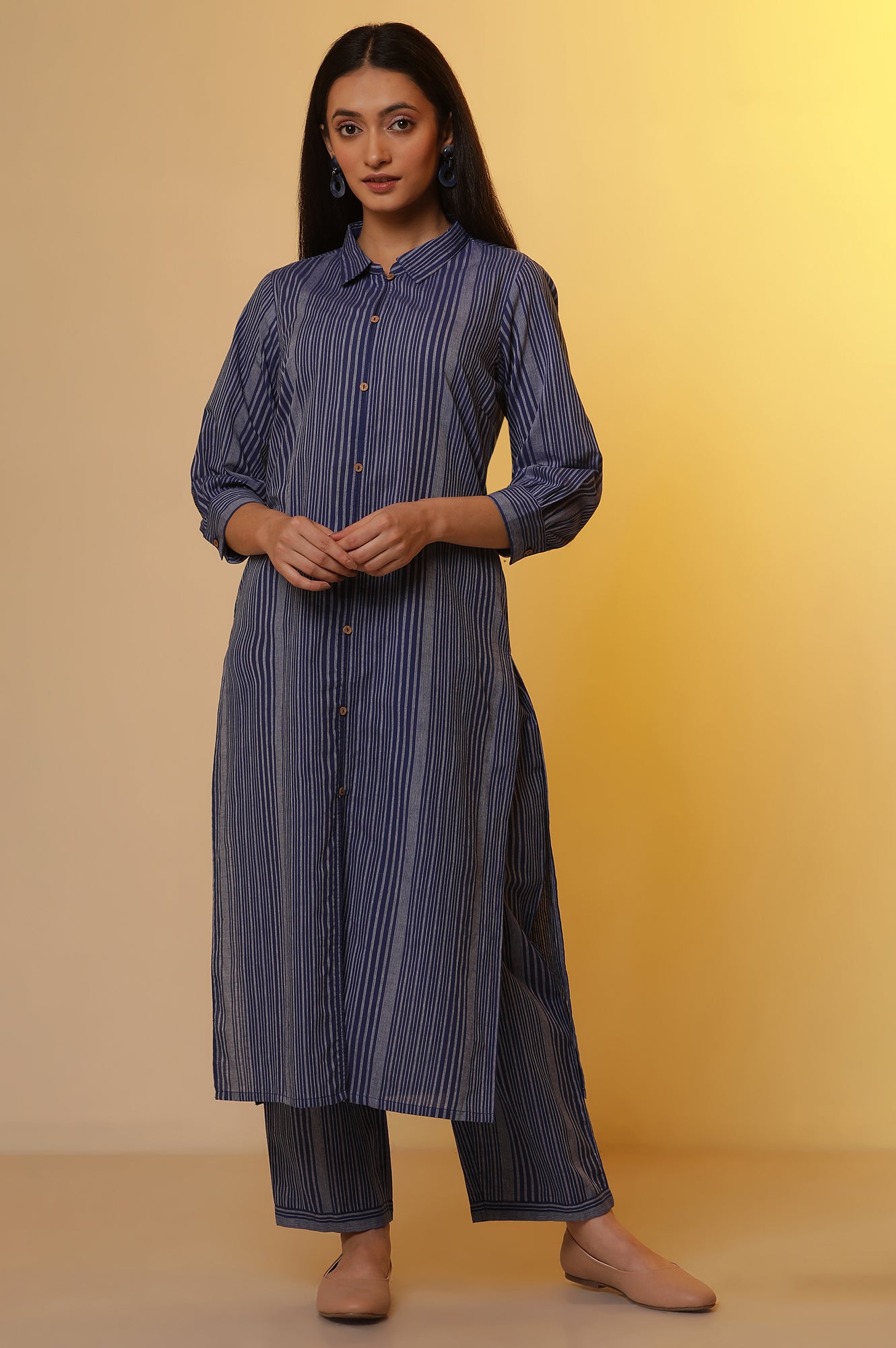 Blue Striped Cotton Shirt Collar Kurta and Palazzo Co-ord Set