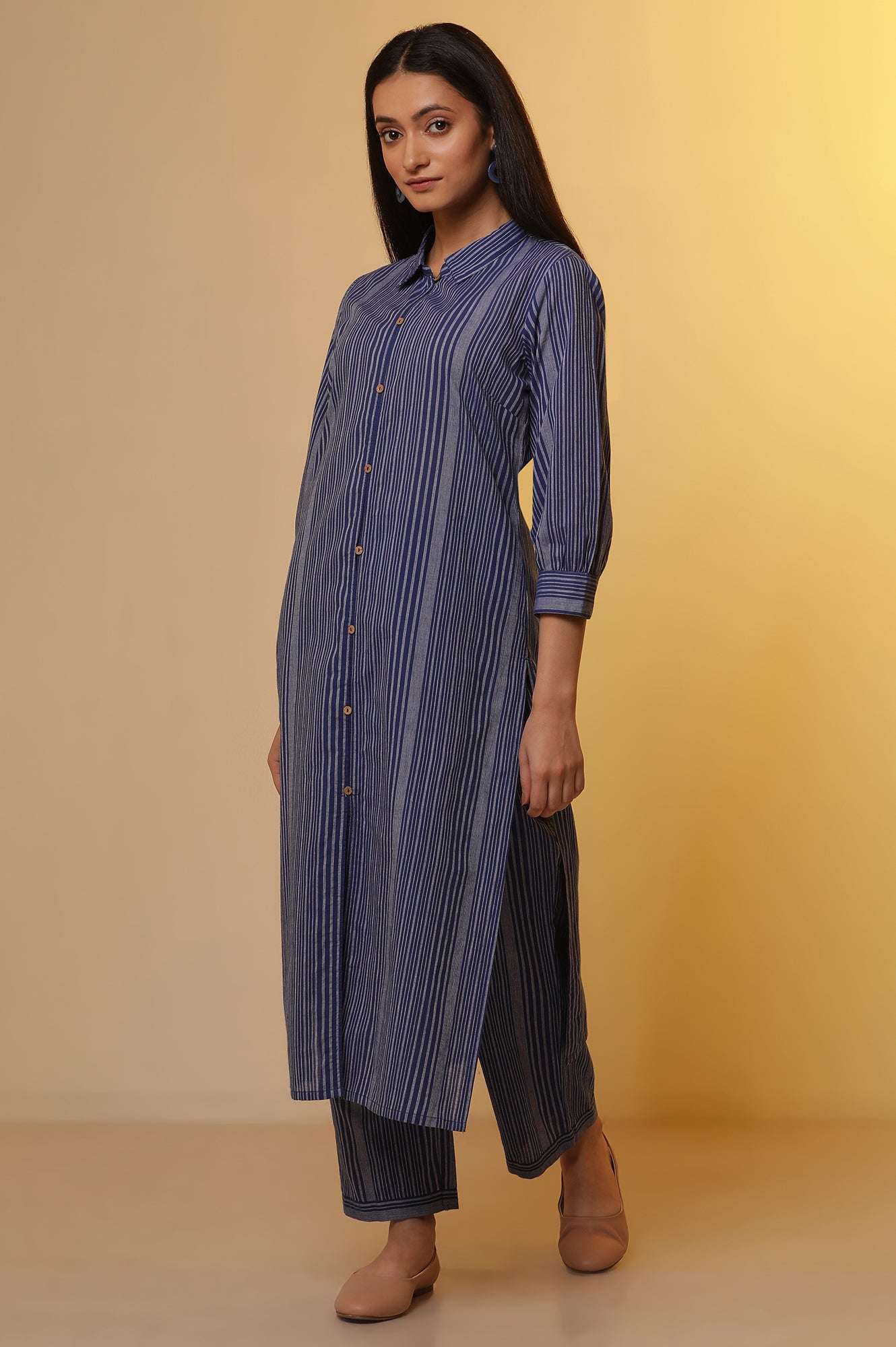 Blue Striped Cotton Shirt Collar Kurta and Palazzo Co-ord Set