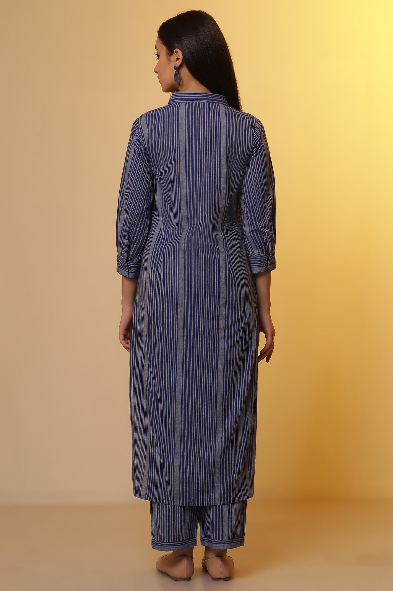 Blue Striped Cotton Shirt Collar Kurta and Palazzo Co-ord Set