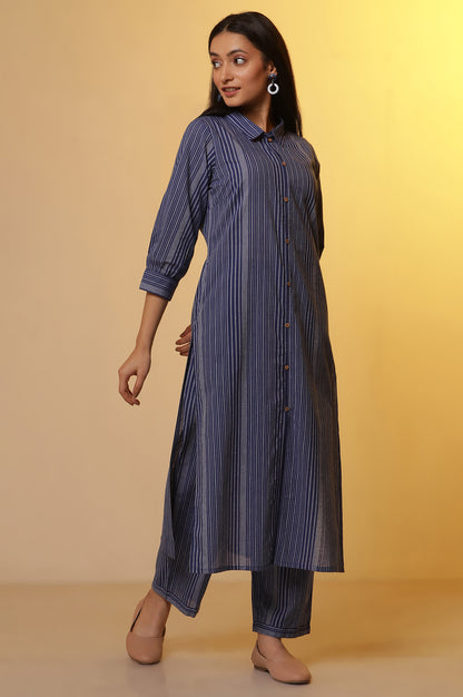 Blue Striped Cotton Shirt Collar Kurta and Palazzo Co-ord Set