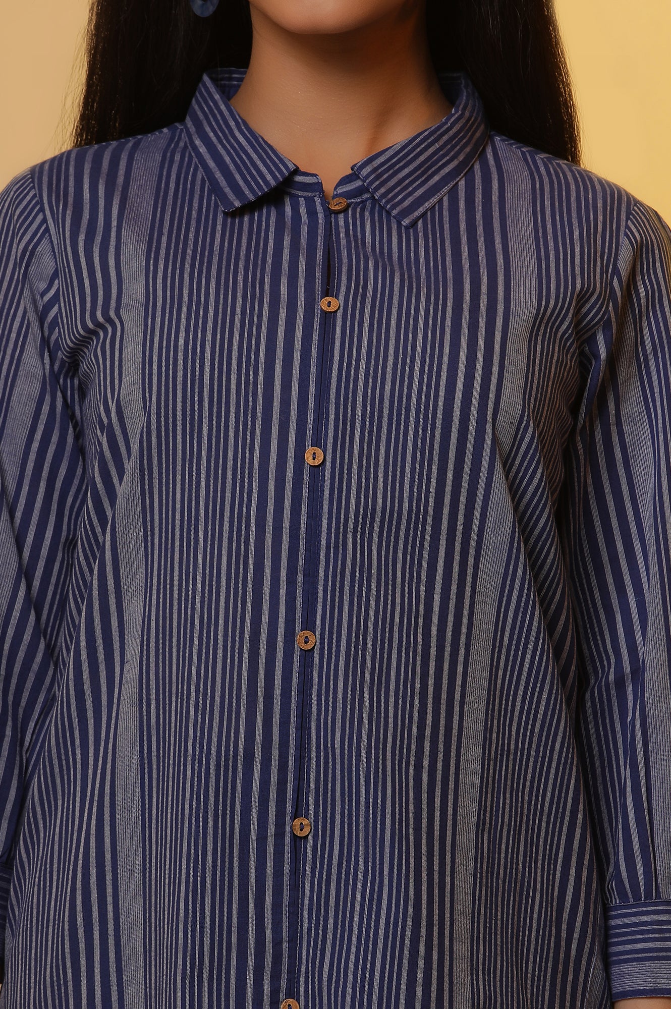 Blue Striped Cotton Shirt Collar Kurta and Palazzo Co-ord Set