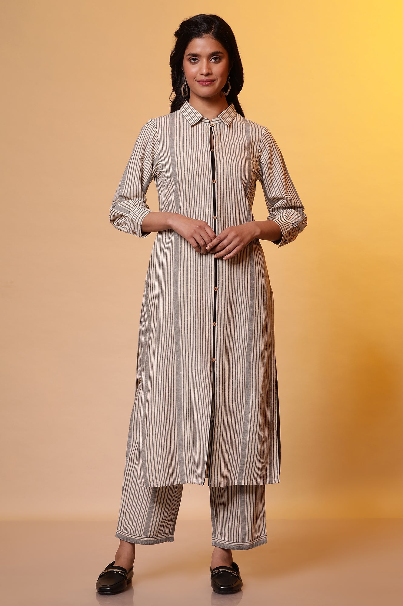 Beige Stripe Shirt Collar Kurta and Palazzo Set