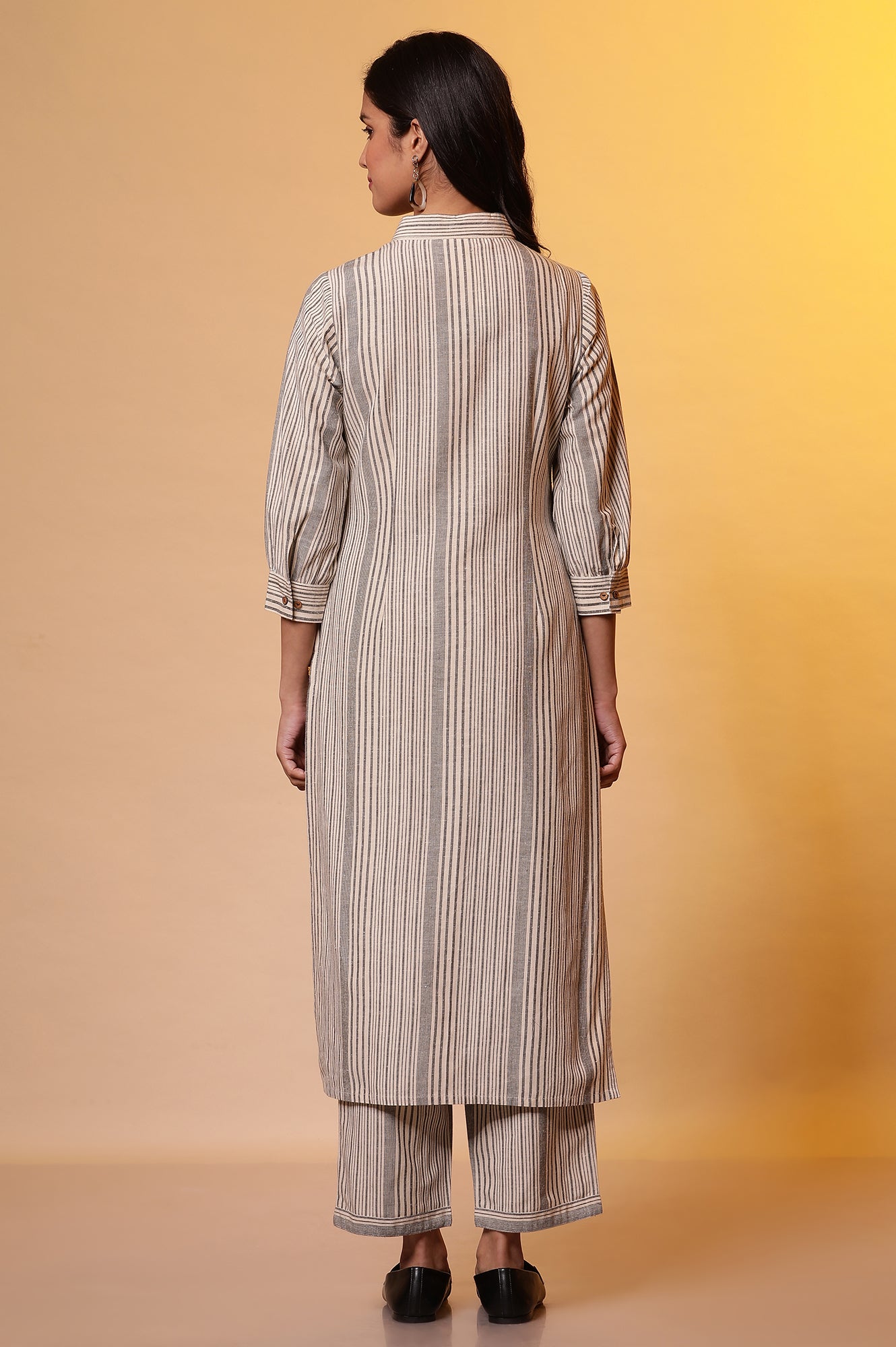 Beige Stripe Shirt Collar Kurta and Palazzo Set