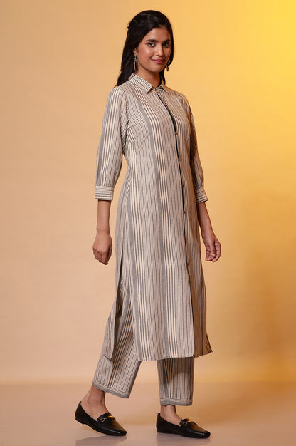 Beige Stripe Shirt Collar Kurta and Palazzo Set