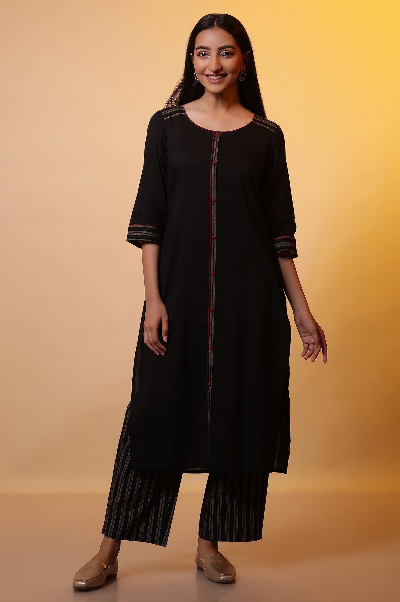 Black Straight Kurta with Striped Palazzo Pants