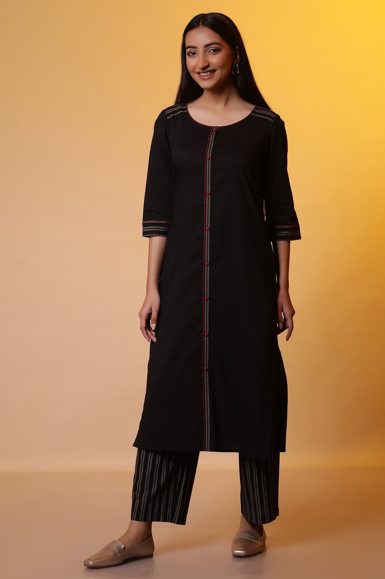 Black Straight Kurta with Striped Palazzo Pants