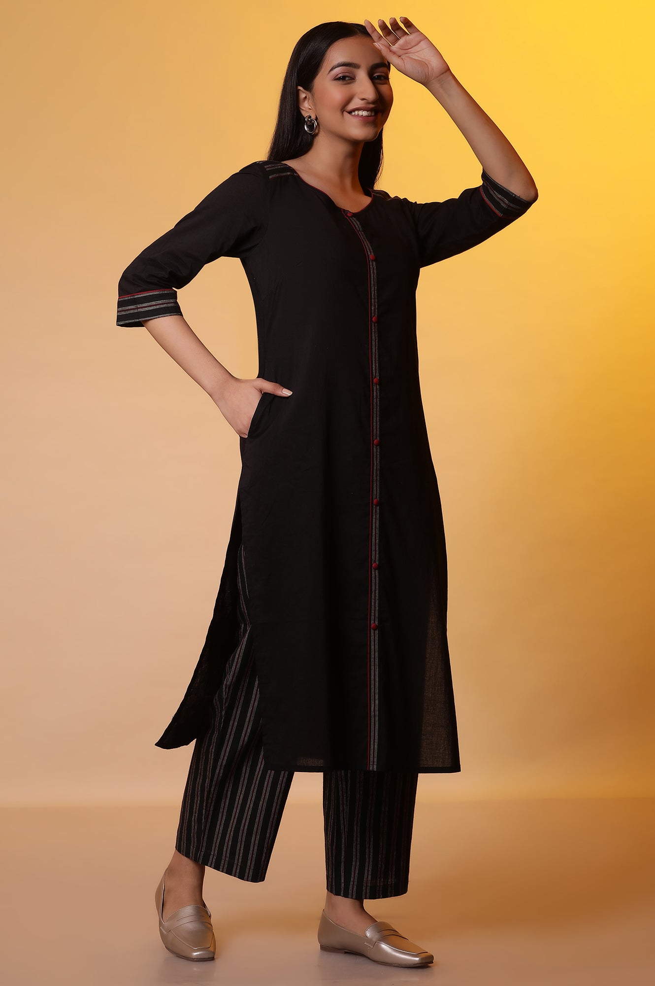 Black Straight Kurta with Striped Palazzo Pants