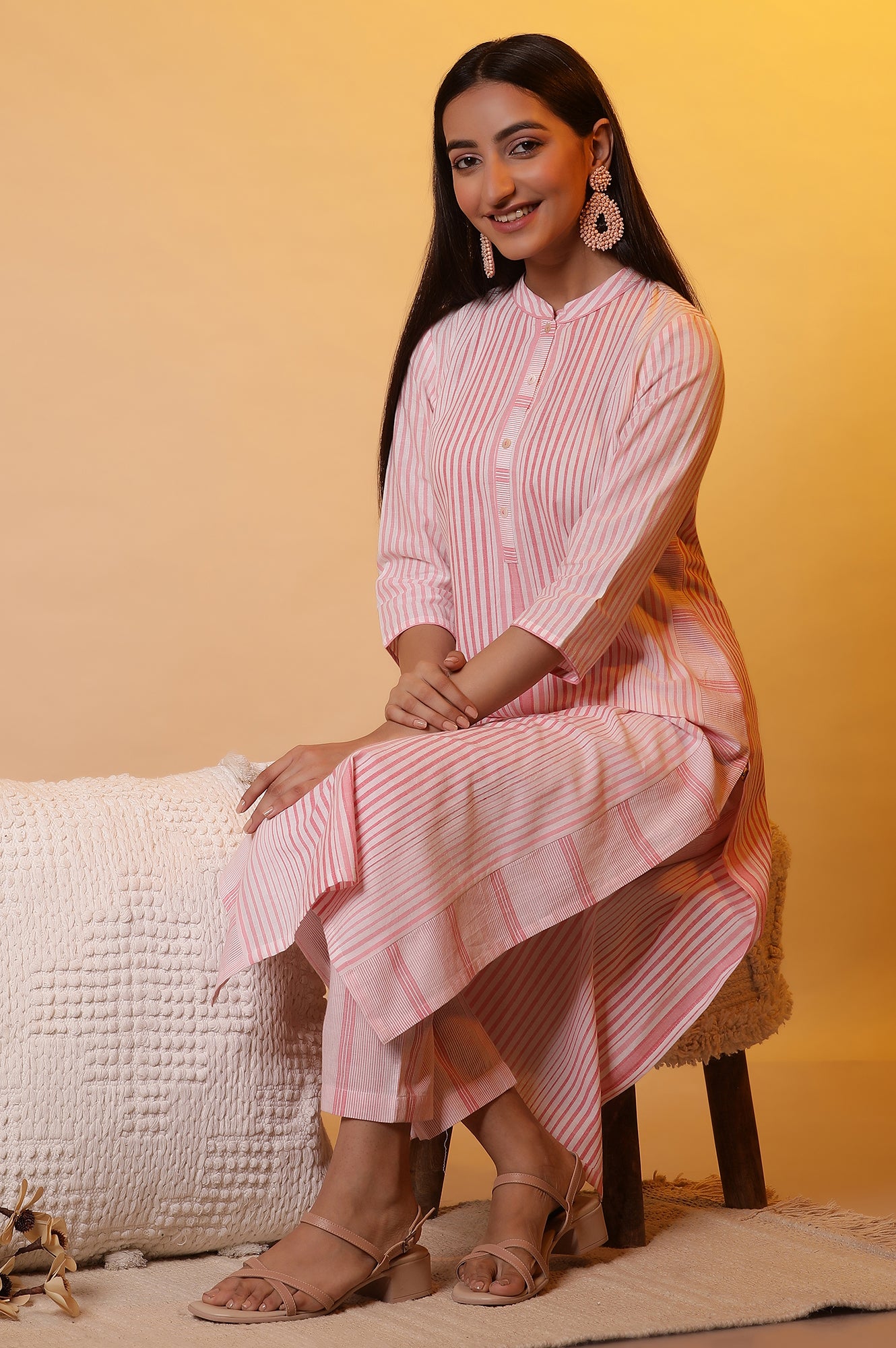 Pink Yarn-Dyed Striped Kurta and Trousers Set