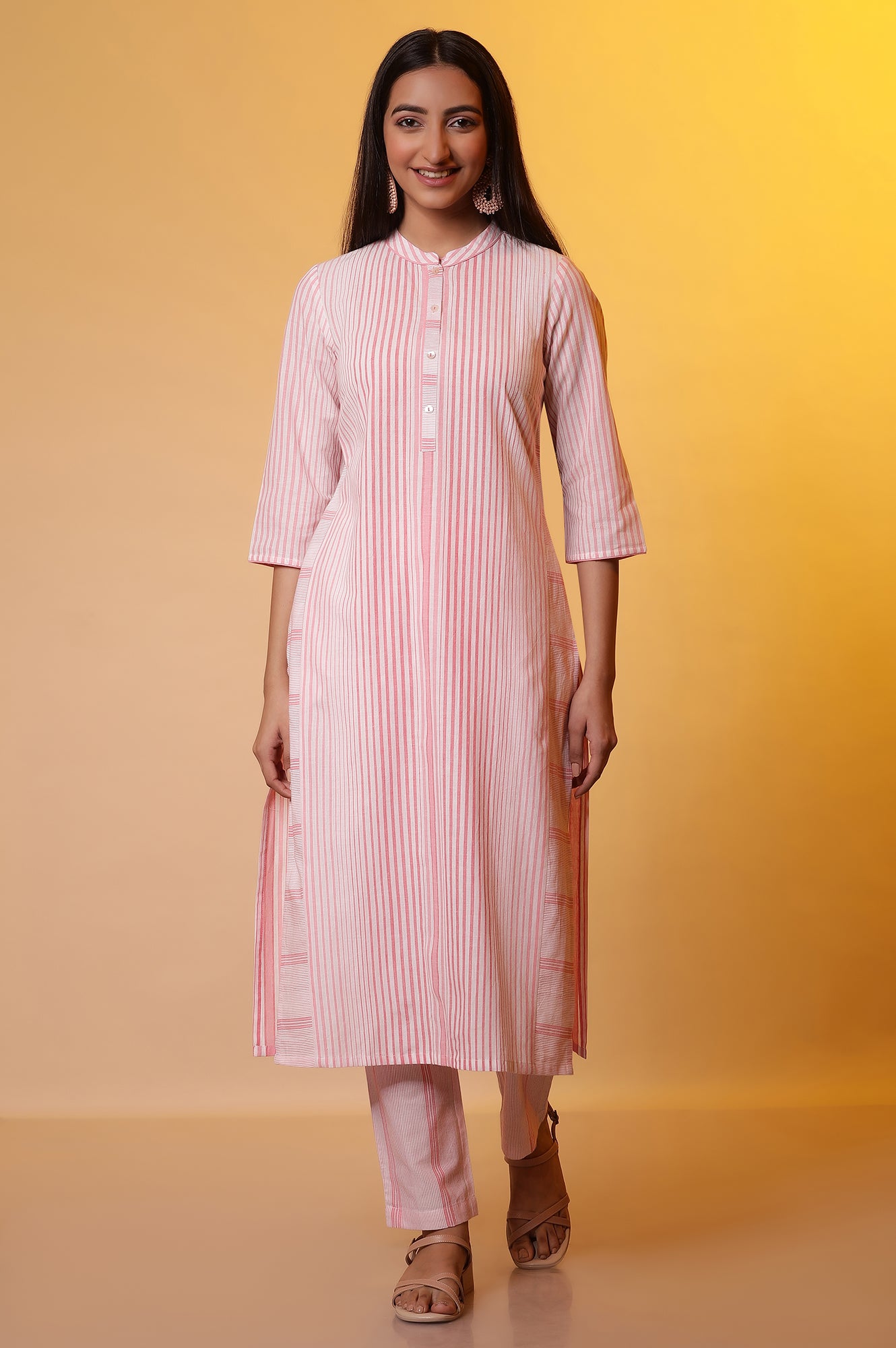 Pink Yarn-Dyed Striped Kurta and Trousers Set