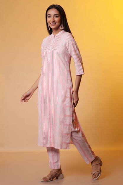 Pink Yarn-Dyed Striped Kurta and Trousers Set