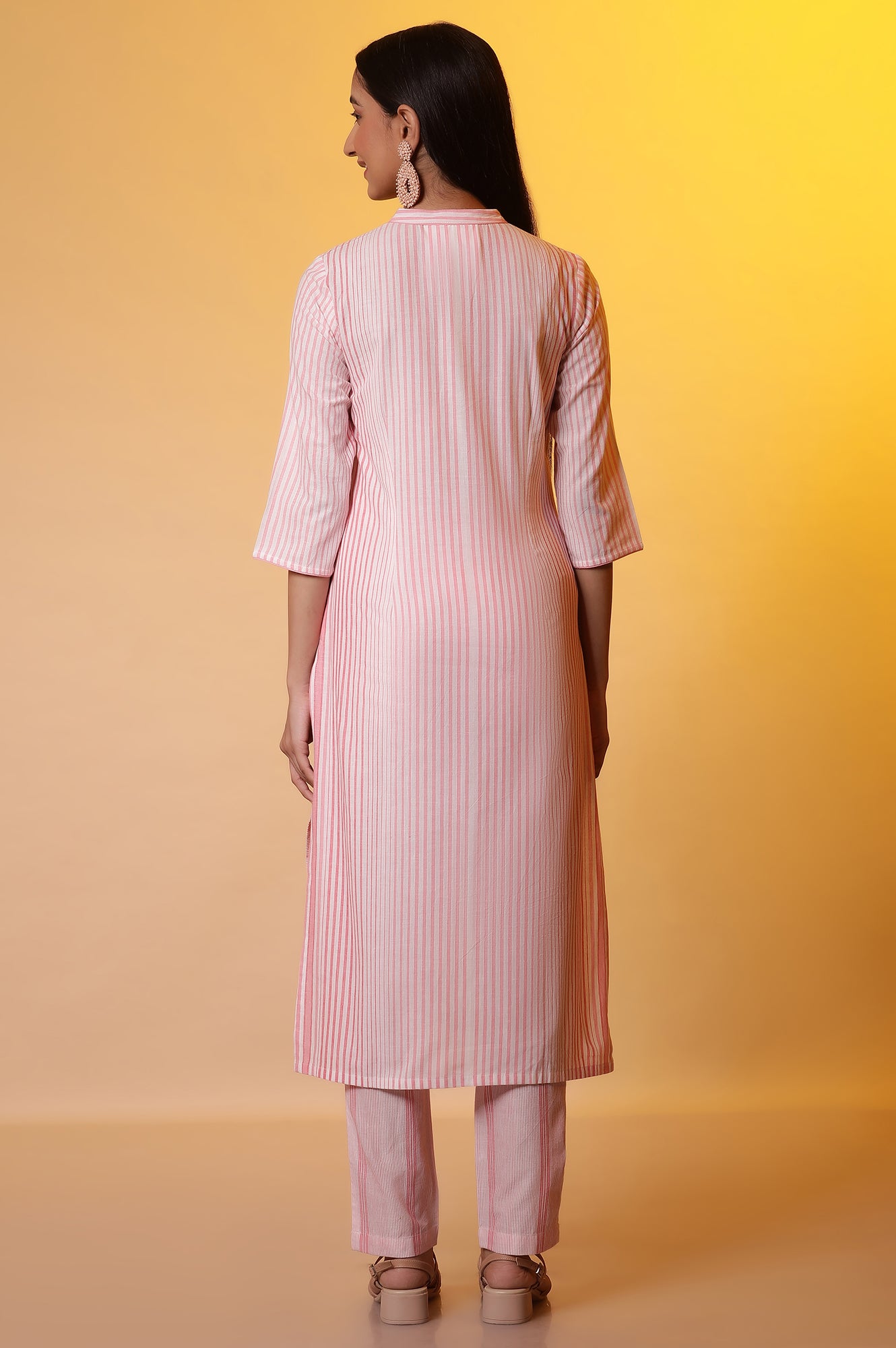 Pink Yarn-Dyed Striped Kurta and Trousers Set