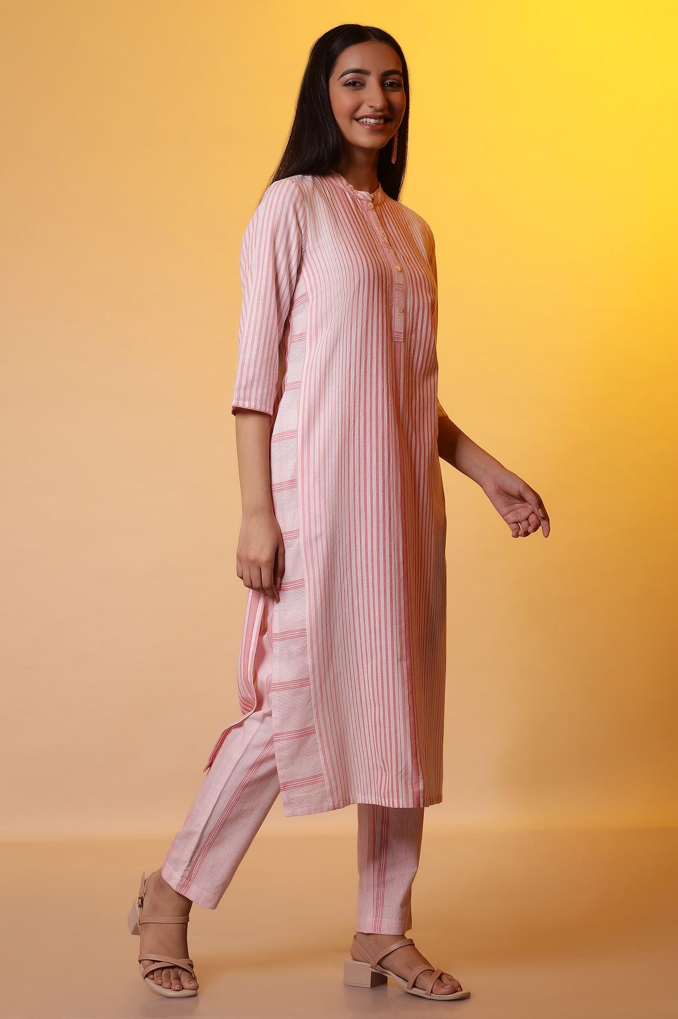 Pink Yarn-Dyed Striped Kurta and Trousers Set