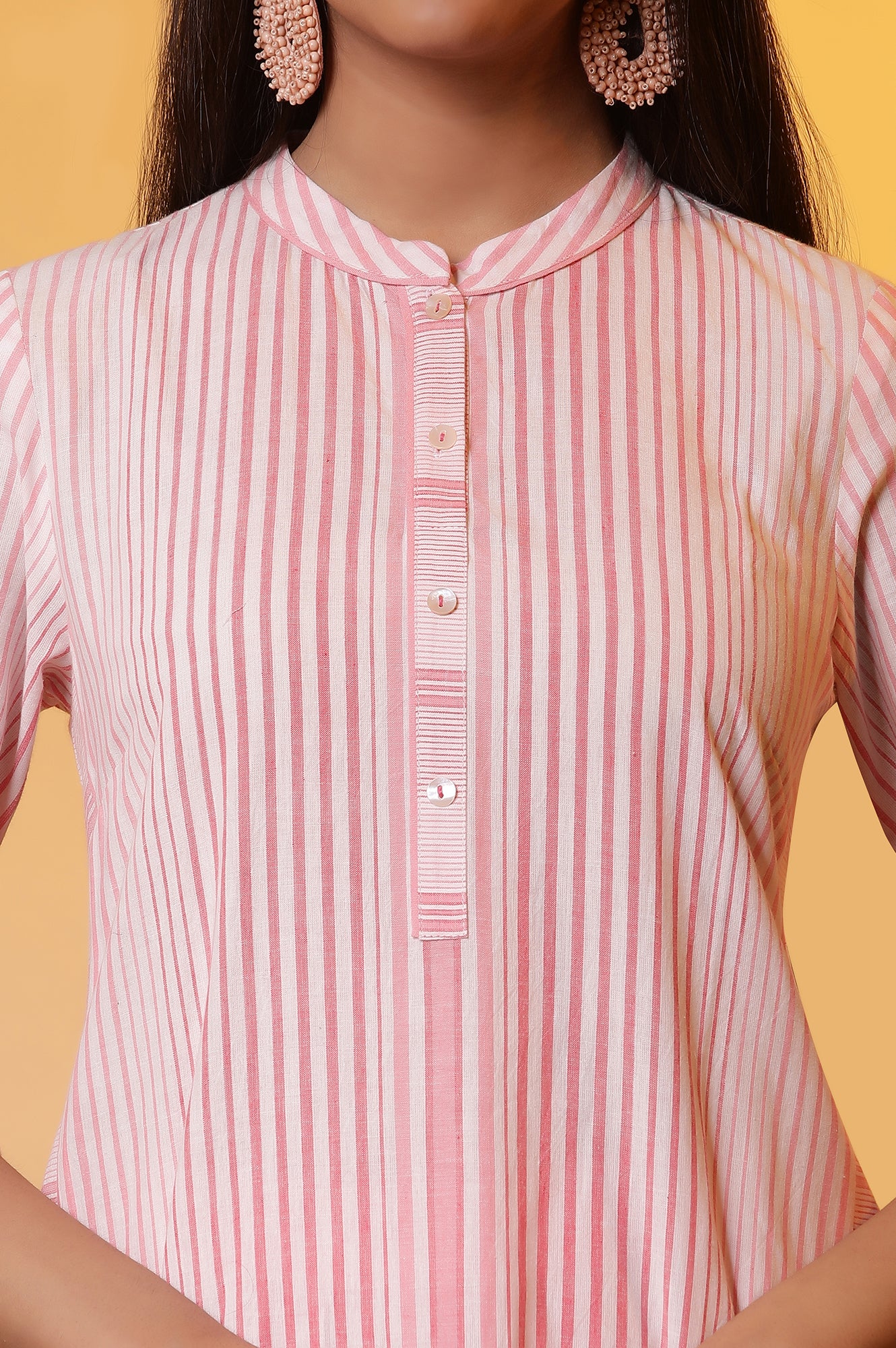 Pink Yarn-Dyed Striped Kurta and Trousers Set