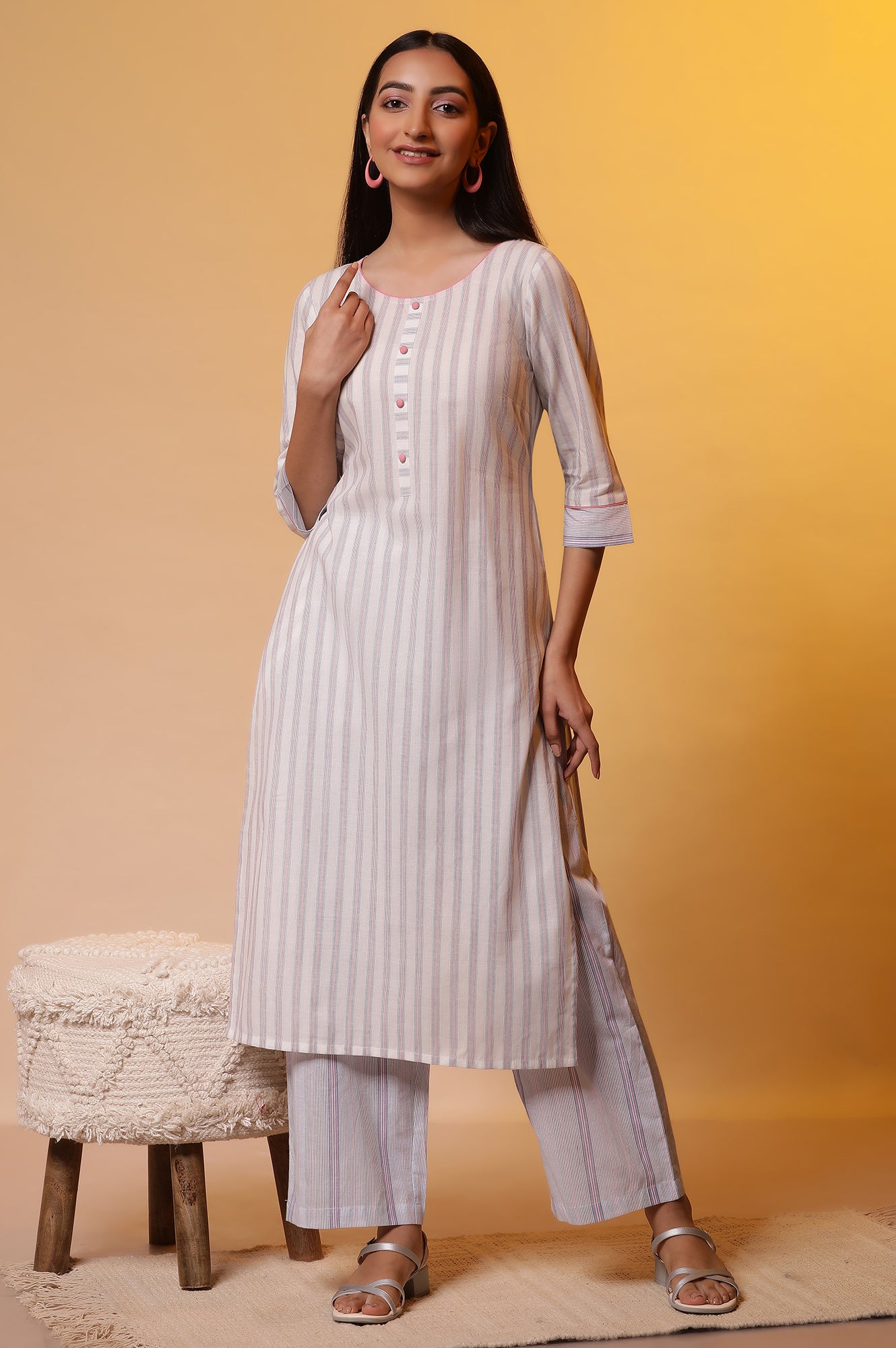 White Striped Cotton Kurta and Palazzos Set