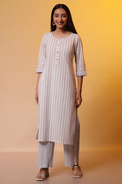 White Striped Cotton Kurta and Palazzos Set