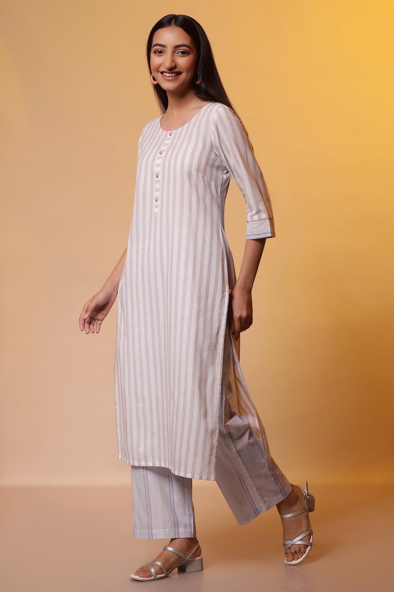 White Striped Cotton Kurta and Palazzos Set