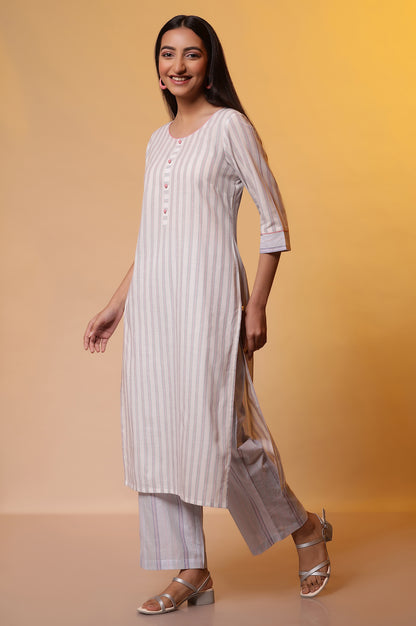 White Striped Cotton Kurta and Palazzos Set