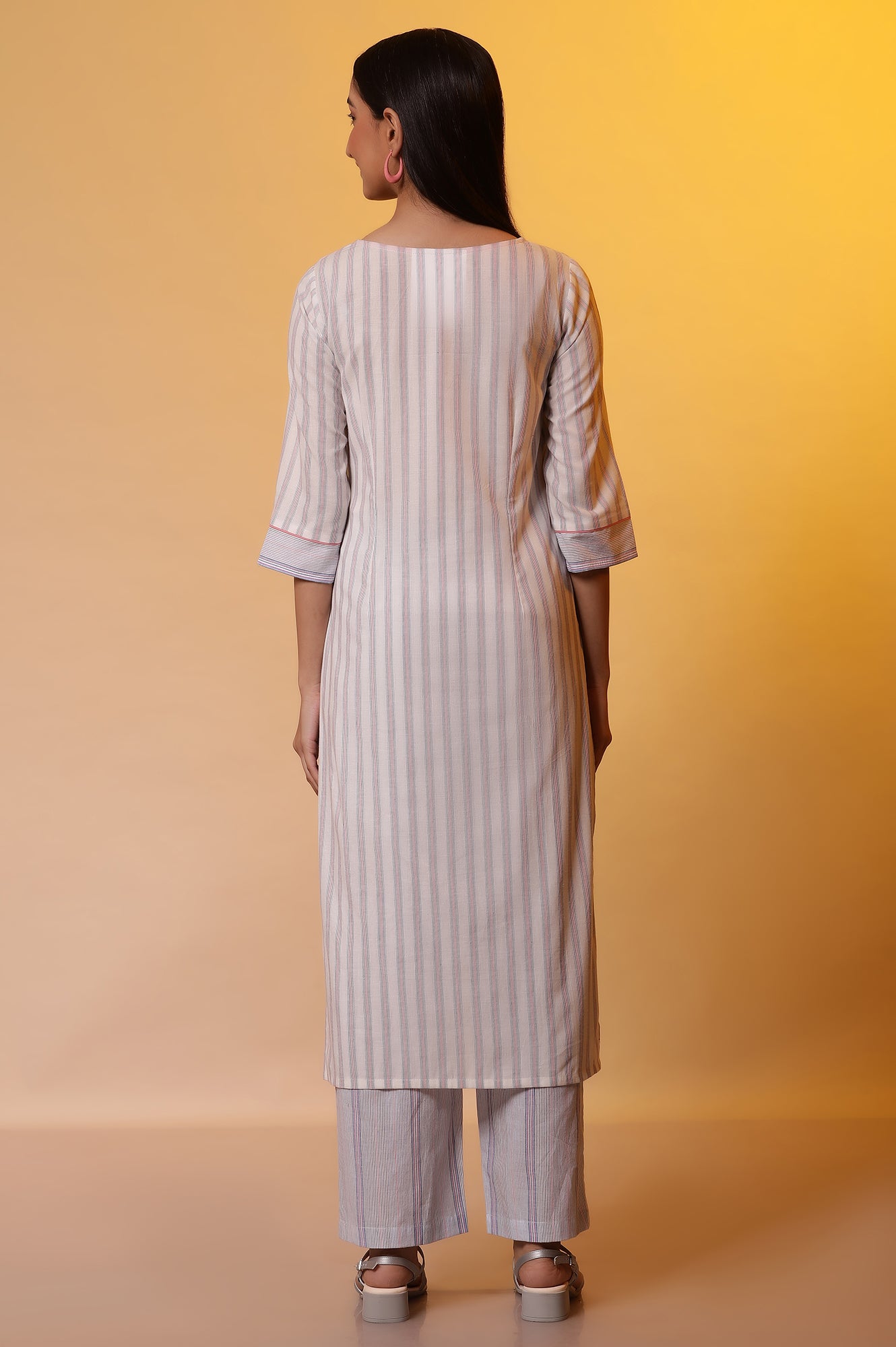 White Striped Cotton Kurta and Palazzos Set