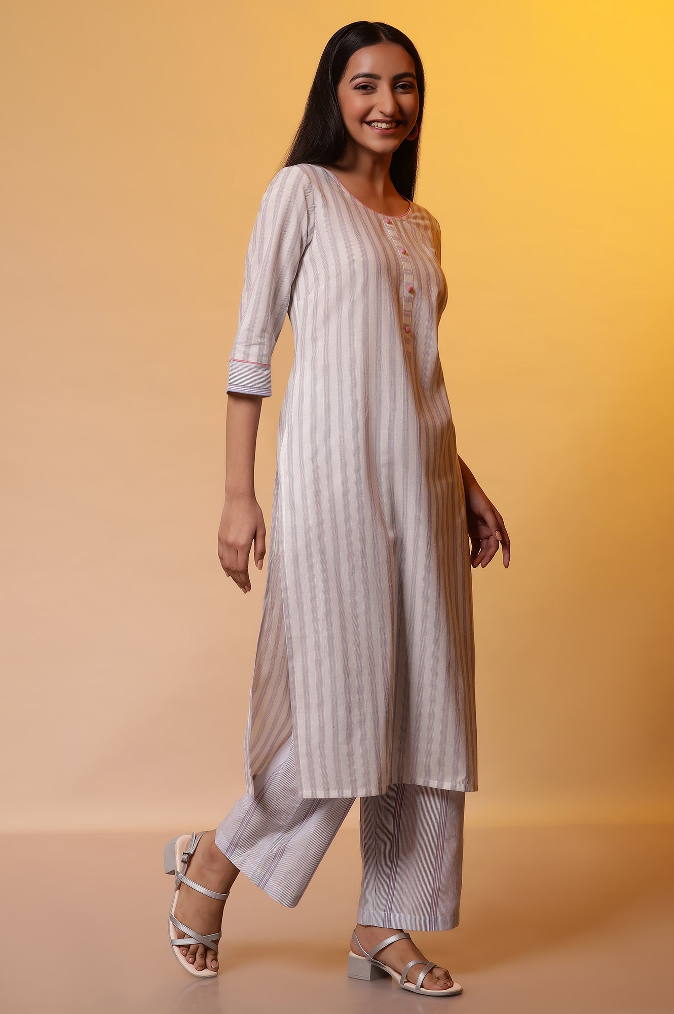 White Striped Cotton Kurta and Palazzos Set