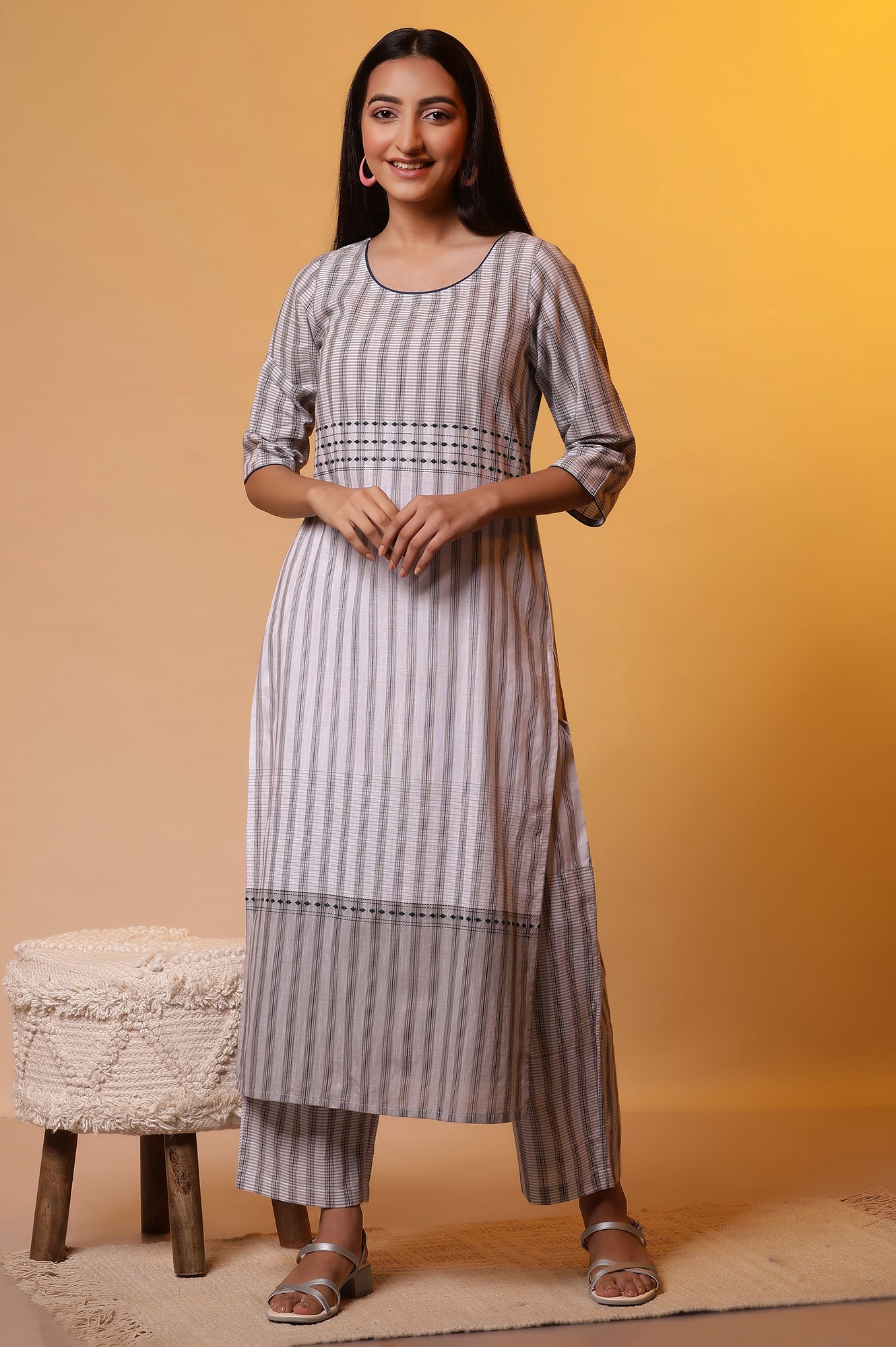 Grey Stripe Printed Cotton Kurta and Palazzo Set