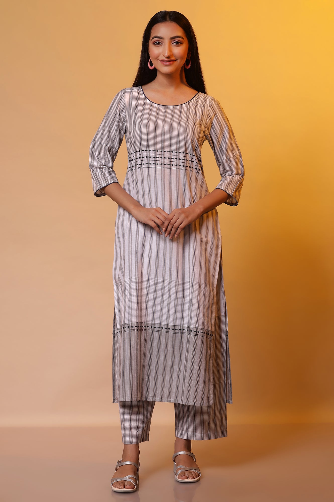 Grey Stripe Printed Cotton Kurta and Palazzo Set