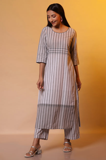 Grey Stripe Printed Cotton Kurta and Palazzo Set