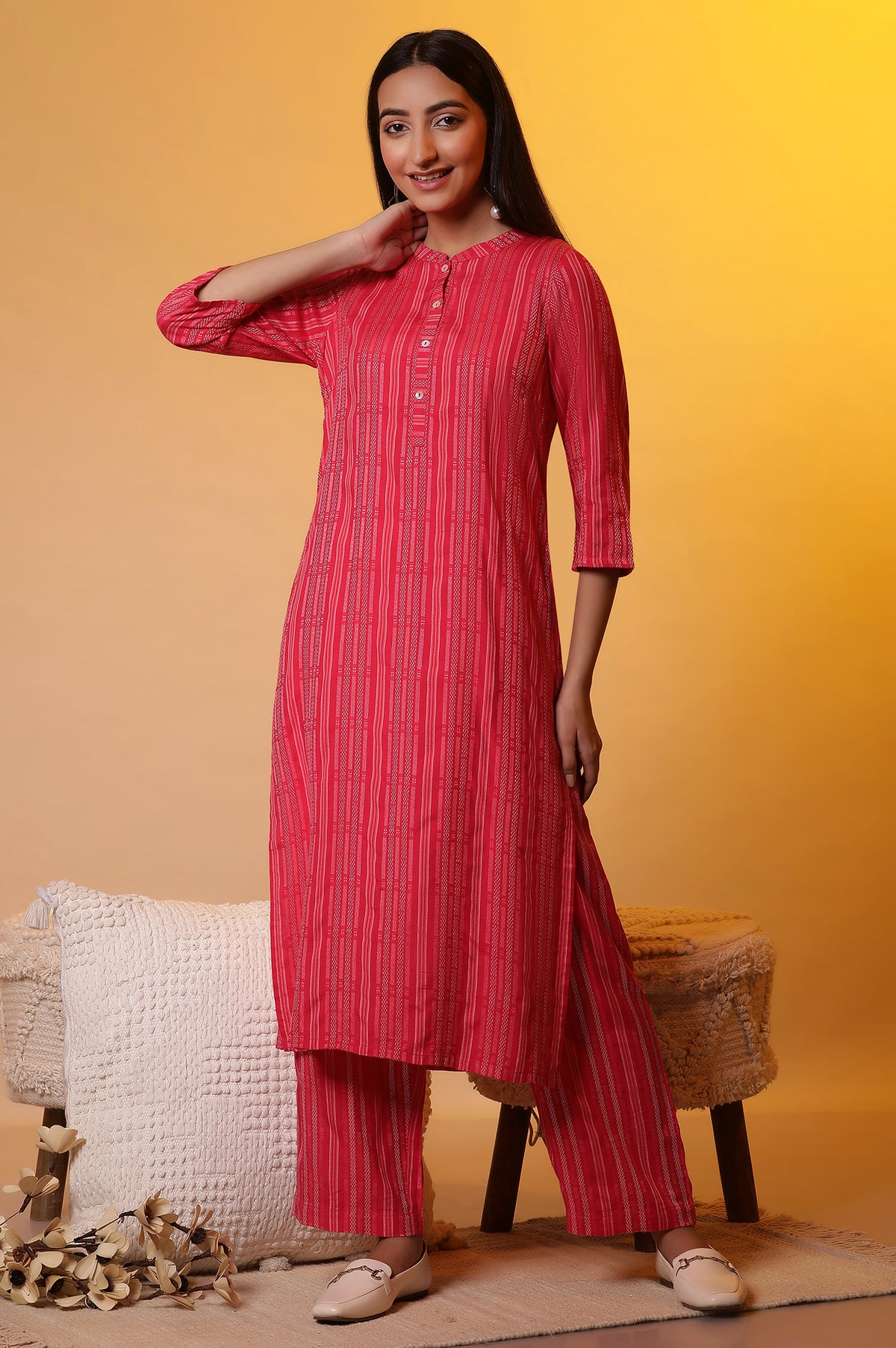 Elleven Women's Pink Striped Yarn-Dyed Kurta and Trousers Co-ord Set - XS