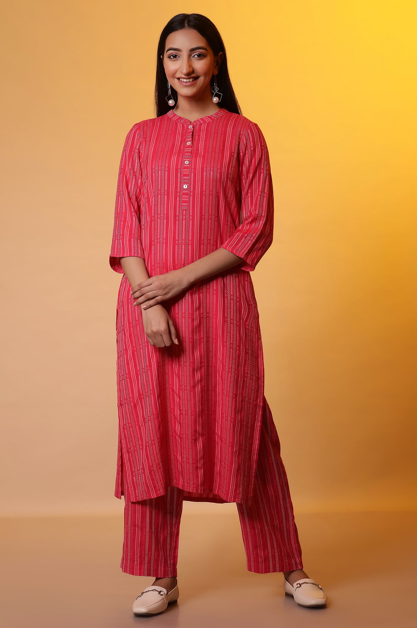 Pink Striped Yarn-Dyed Kurta and Trousers Co-ord Set