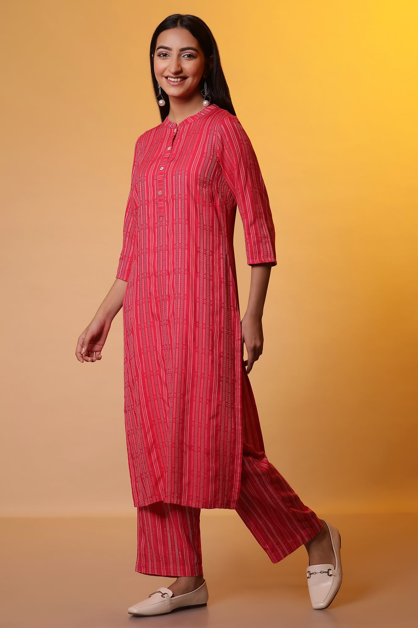 Pink Striped Yarn-Dyed Kurta and Trousers Co-ord Set