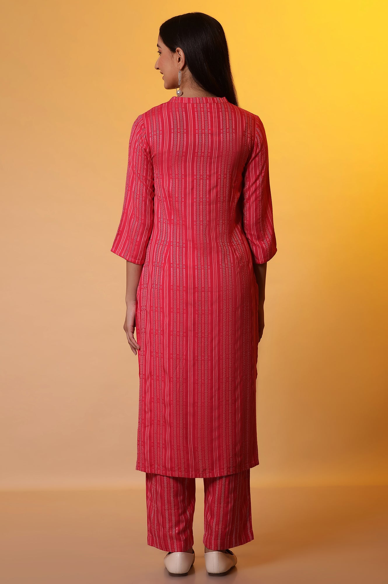 Pink Striped Yarn-Dyed Kurta and Trousers Co-ord Set